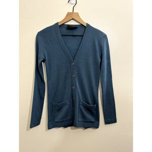 Claudine S Slim Fit Wool Cardigan Sweater Pockets Grandpa Grunge Retro Blue